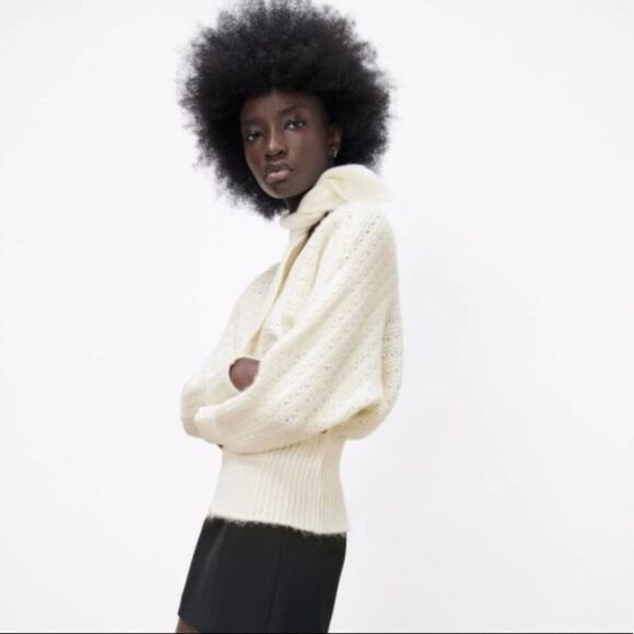 Zara NWT Bow Collar Knit Sweater White Cream Chunky Size S - Picture 8 of 15